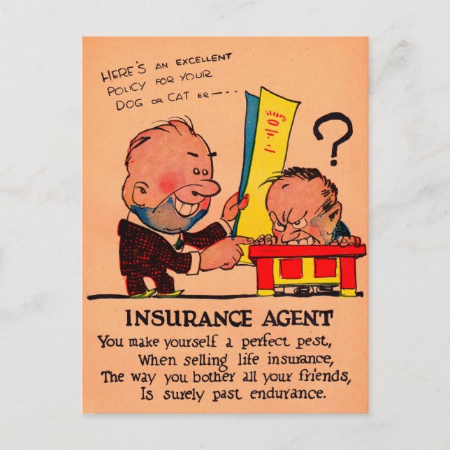 1930s vinegar valentine: the Insurance Agent Holiday Postcard (Front)