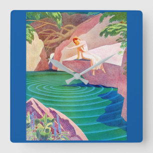 1931 art deco woman by a pond square wall clock