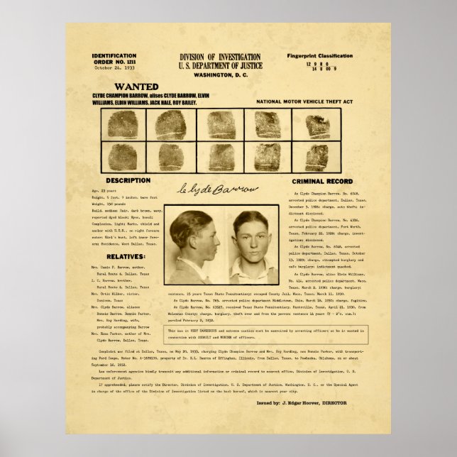 1933 CLYDE BARROW LAW ENFORCEMENT SHEET POSTER (Front)