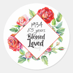 1934 85th Birthday Woman - Watercolor Roses Custom Classic Round Sticker
