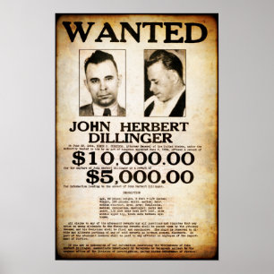 1934 JOHN DILLINGER PUBLIC ENEMY WANTED POSTER