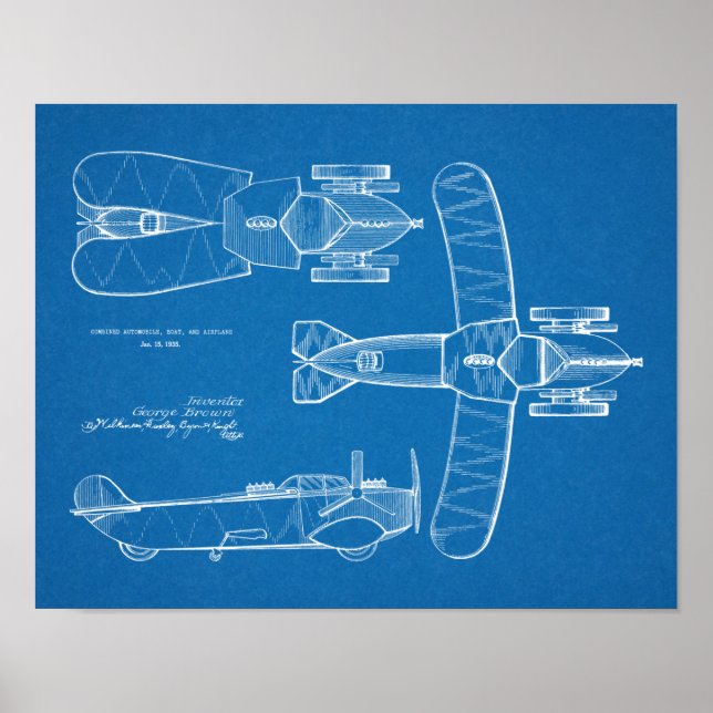 1935 Flying Car Boat Aeroplane Patent Drawing Poster (Front)
