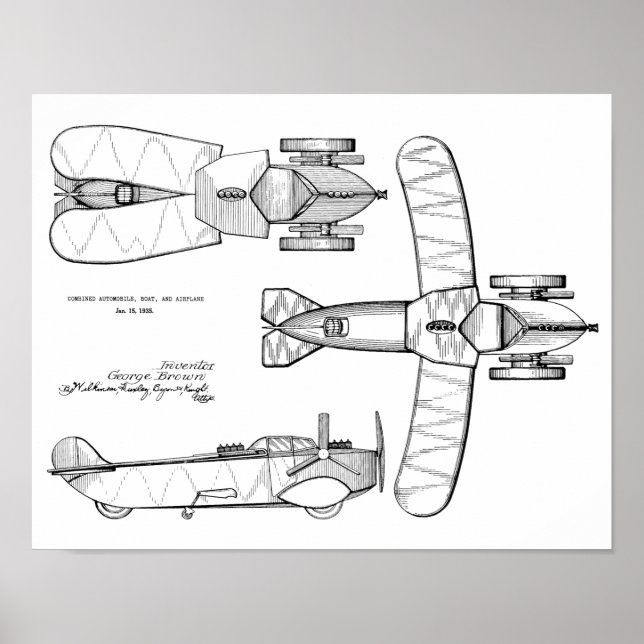 1935 Flying Car Boat Aeroplane Patent Drawing Poster (Front)