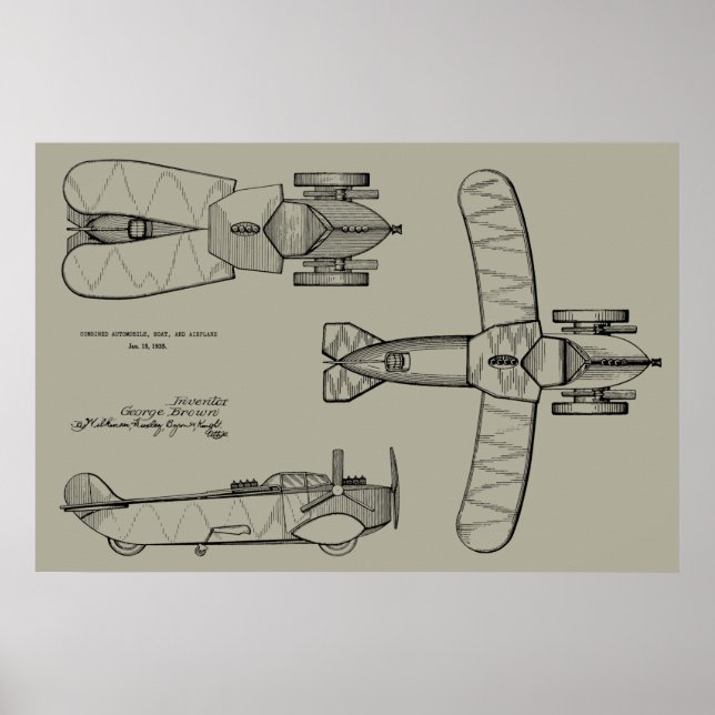 1935 Flying Car Boat Aeroplane Patent Drawing Prin Poster (Front)