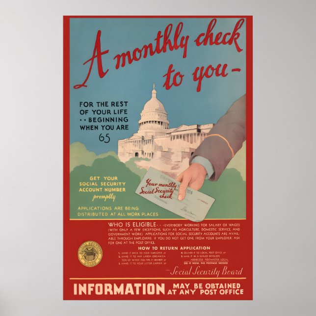 1935 Social Security - Monthly Check - Vintage Poster (Front)