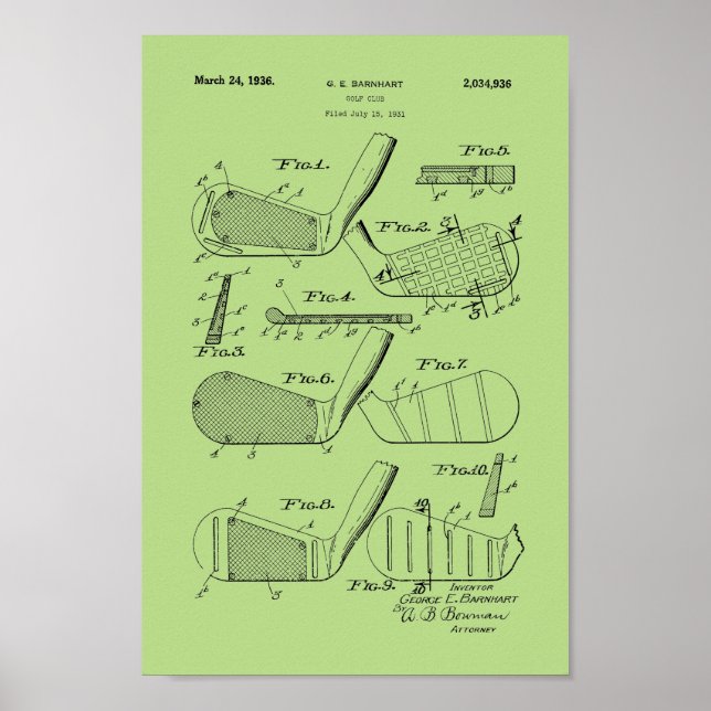 1936 Vintage Golf Club Patent Art Print (Front)