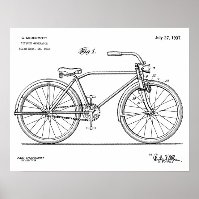 1937 Bicycle Headlamp Design Patent Art Print (Front)