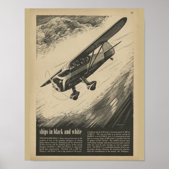 1938 Aviation Aeroplane Howard DGA-11 Art Print (Front)