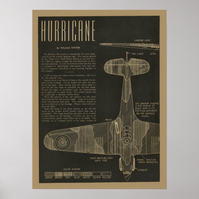 1938 Aviation Hurricane Aeroplane Design Art Print (Front)