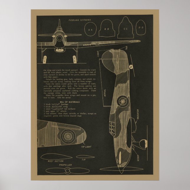 1938 Aviation Hurricane Airplane Design Art Print (Front)