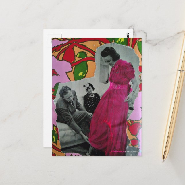 1939 Pajama Model Lady Mixed Media Collage Postcard (Front/Back In Situ)