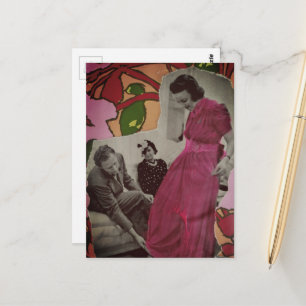 1939 Pink Pyjamas Lady Mixed Media Collage Postcard