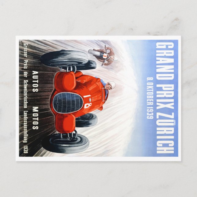 1939 Zurich Grand Prix Racing Poster Postcard (Front)