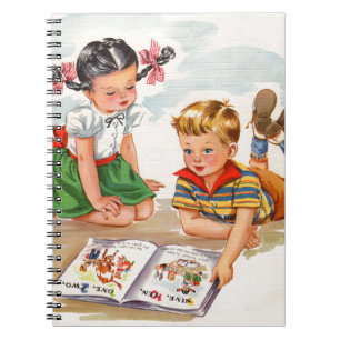 1940s adorable girl and boy and picture book