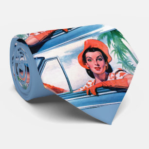 1940s beautiful woman in car print tie