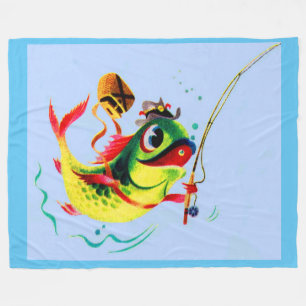 1940s fishing fish fleece blanket
