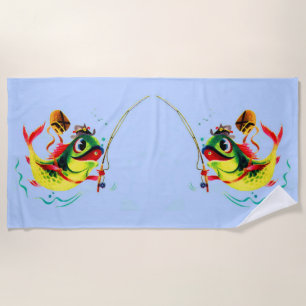 1940s fishing fish print beach towel