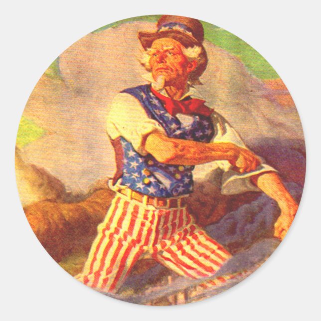 1940s heroic Uncle Sam rolls up his sleeves Classic Round Sticker (Front)
