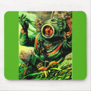 1940s illustration undersea diver in diving helmet mouse mat