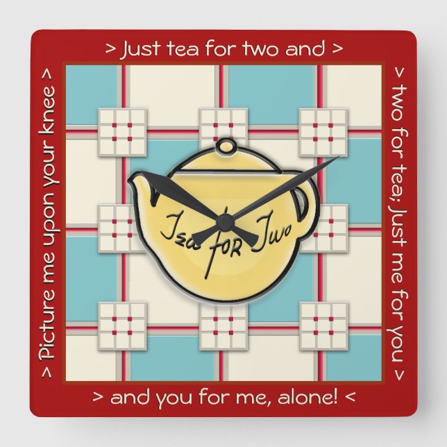 1940s Kitchen Pattern w/Yellow Teapot Square Wall Clock (Front)