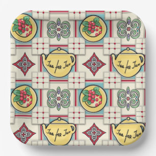 1940s Kitchen Pattern w/Yellow Teapots Paper Plate