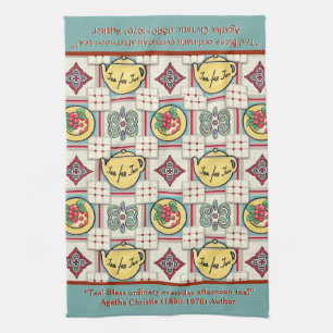 1940s Kitchen Pattern w/Yellow Teapots Personalise Tea Towel