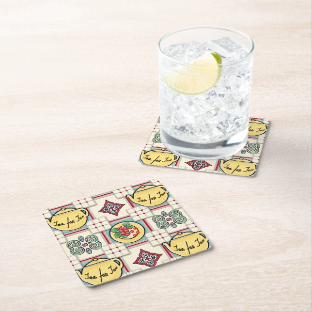 1940s Kitchen Pattern w/Yellow Teapots Square Paper Coaster (Insitu)