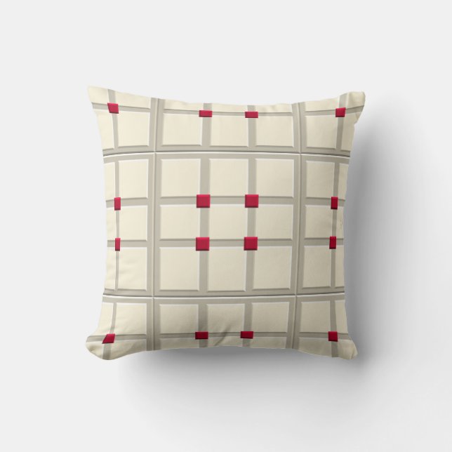 1940s Layered Tile Pattern (Ivory, Ash Grey, Red) Cushion (Front)
