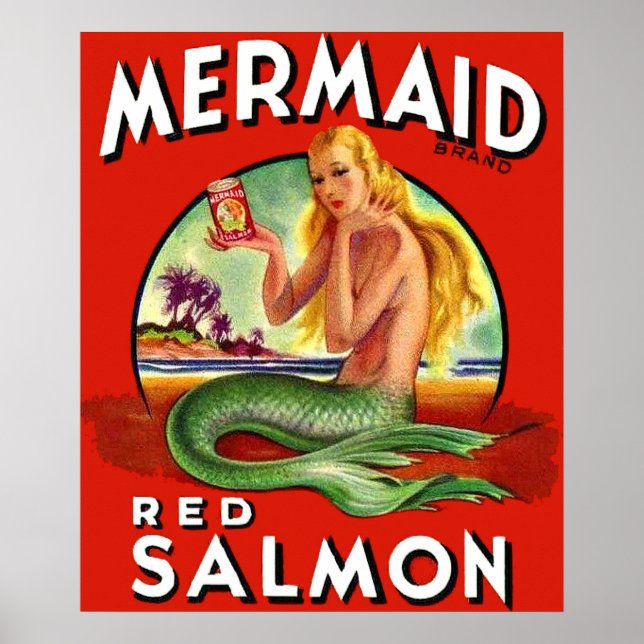 1940s Mermaid Salmon can label Poster (Front)