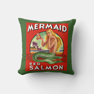 1940s Mermaid Salmon can label print Cushion