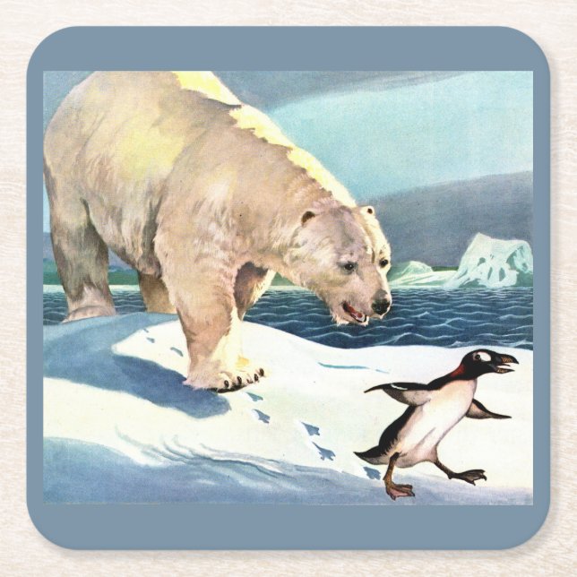 1940s polar bear and penguin square paper coaster (Front)