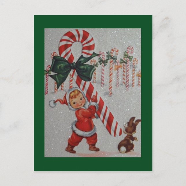 1940s Vintage Child With A Candy Cane Postcard (Front)