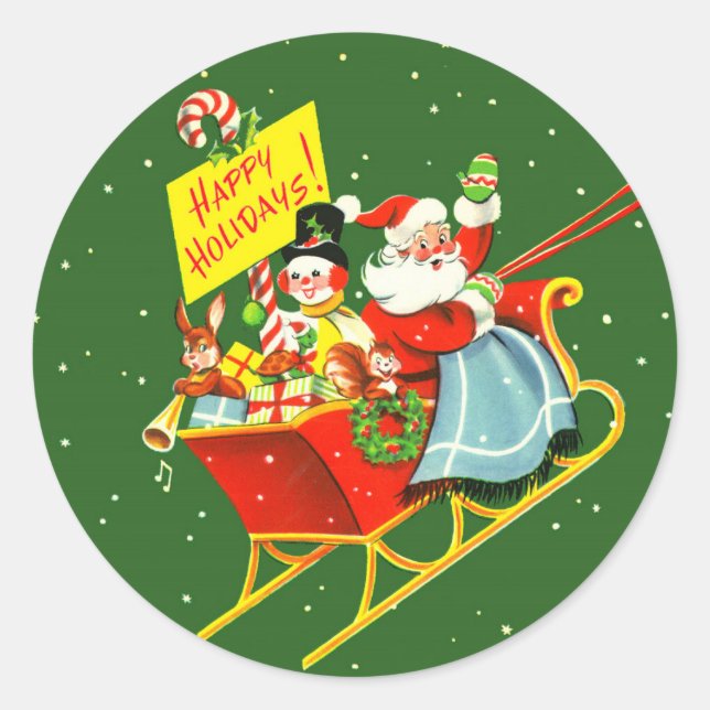 1940s Vintage Christmas Santa Claus with Sleigh Classic Round Sticker (Front)