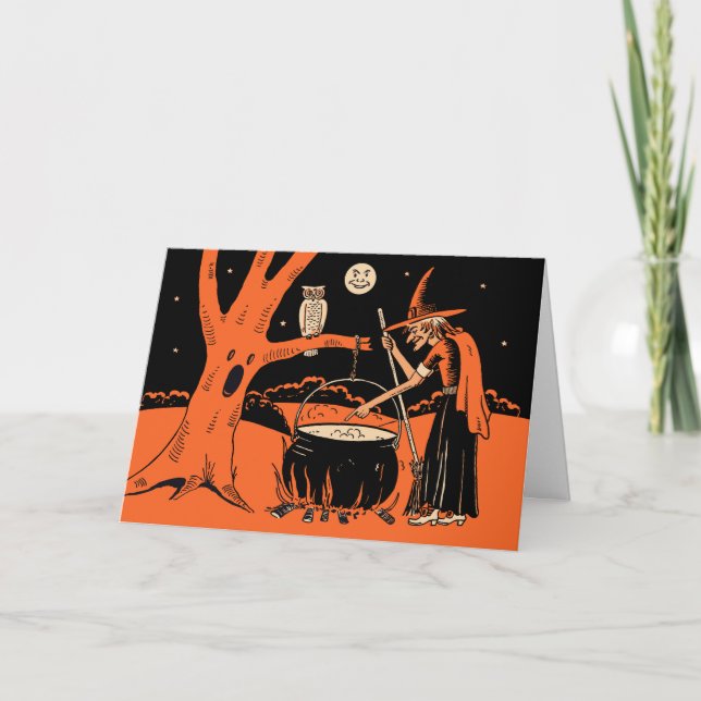 1940s Vintage Halloween Witch with Cauldron Card (Front)