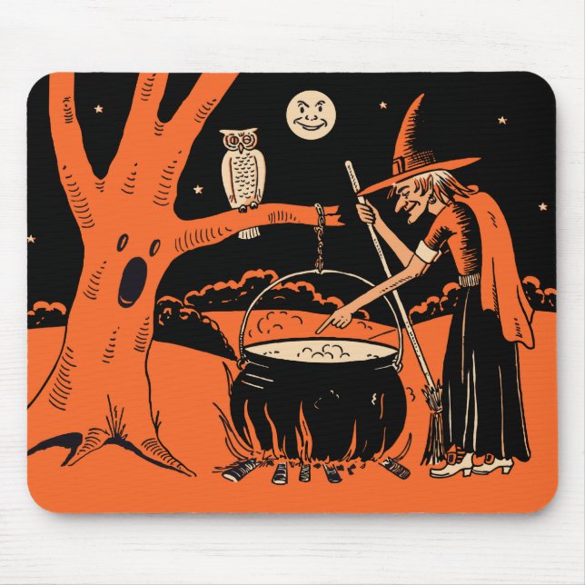 1940s Vintage Halloween Witch with Cauldron Mouse Mat (Front)