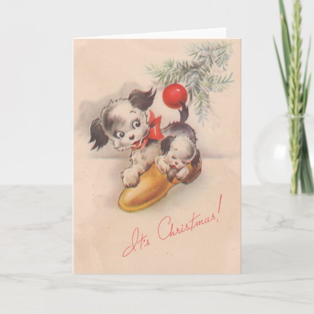 1940s Vintage Its Christmas Puppy Dogs Holiday Card (Front)