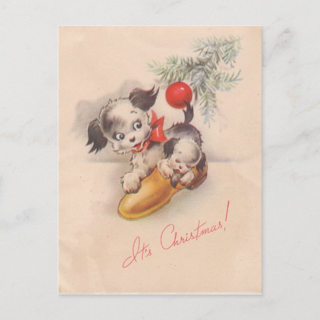 1940s Vintage Its Christmas Puppy Dogs Holiday Postcard (Front)