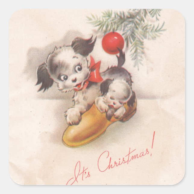 1940s Vintage Its Christmas Puppy Dogs Square Sticker (Front)