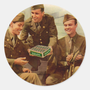 1940s WWII ad soldiers with candy from home Classic Round Sticker