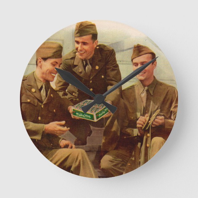 1940s WWII ad soldiers with candy from home Round Clock (Front)