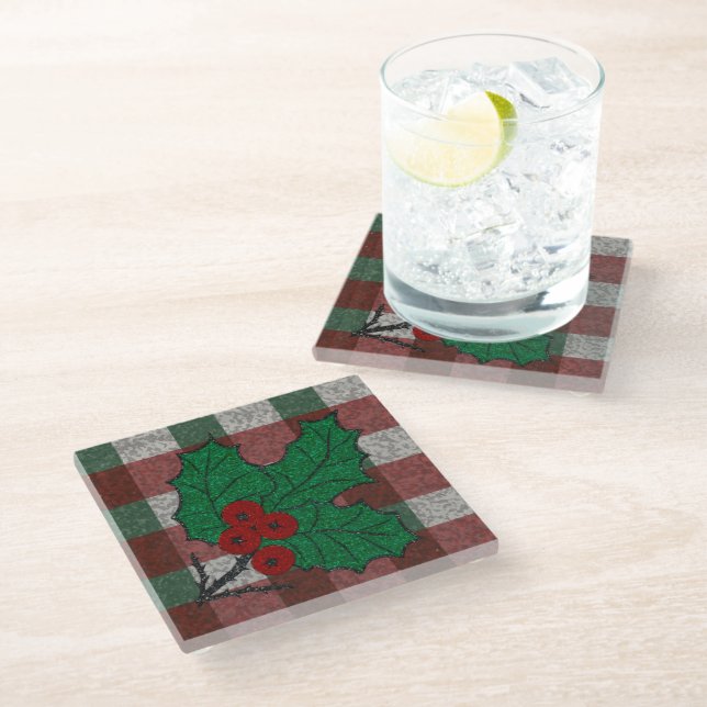 1940s Xmas Gingham Glass Coaster (Angled)