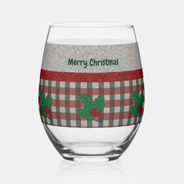 1940s Xmas Gingham - Personalised Stemless Wine Glass (Front)