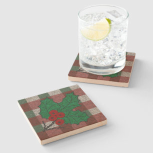 1940s Xmas Gingham Sandstone  Stone Coaster