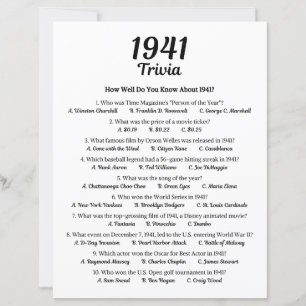 1941 Trivia Game 84th Birthday Party Game