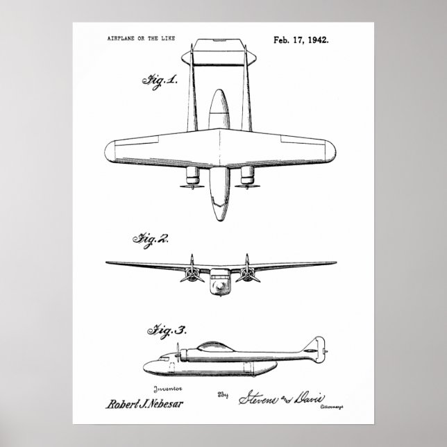 1942 Vintage Aeroplane Patent Drawing Art Print (Front)