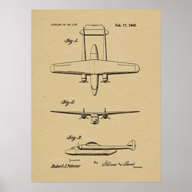 1942 Vintage Aeroplane Patent Drawing Art Print (Front)