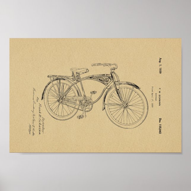 1942 Vintage Schwinn Bicycle Patent Art Print (Front)