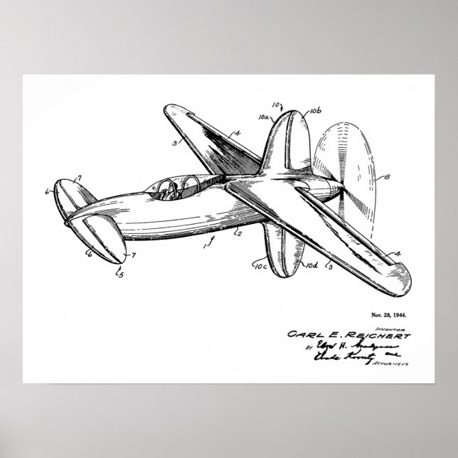 1944 Pusher Aeroplane Patent Art Drawing Print (Front)