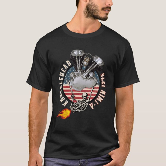 1945 HD Knucklehead VTwin Flame Farting Motorcycle T-Shirt (Front)