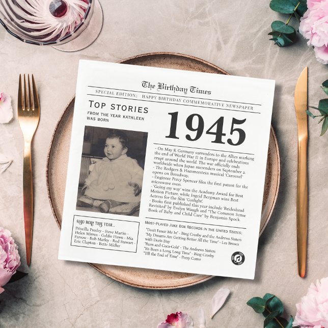 1945 Newspaper Birthday Trivia  Napkin (White napkin with newspaper style world news and fun facts from 1945, unique personal party supplies)